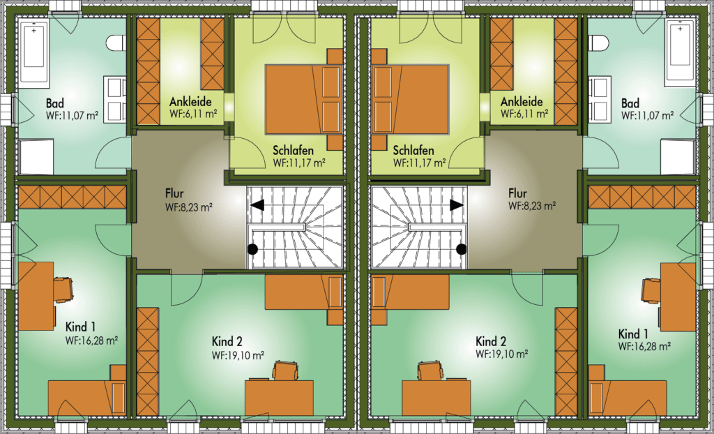 Grundriss vom Obergeschoss im Doppelhaus EMMA